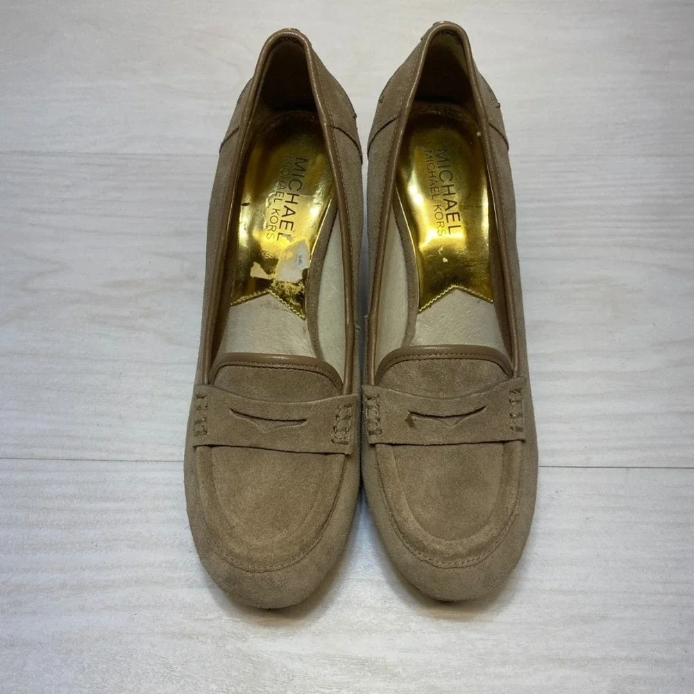 Michael Michael Kors Tan Suede Penny Loafer Wedge Heels Lug Sole‎ Womens 7.5M